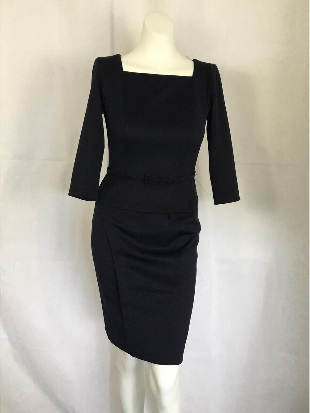 [383]David Meister Dress Womens 4 Black Square Neck Belted Sheath Knee Party